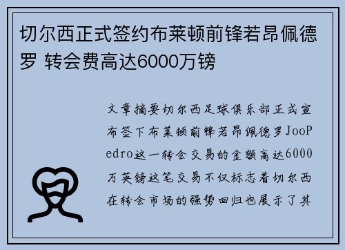 切尔西正式签约布莱顿前锋若昂佩德罗 转会费高达6000万镑