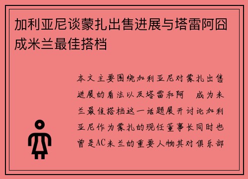 加利亚尼谈蒙扎出售进展与塔雷阿囧成米兰最佳搭档