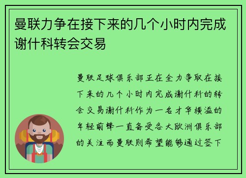 曼联力争在接下来的几个小时内完成谢什科转会交易